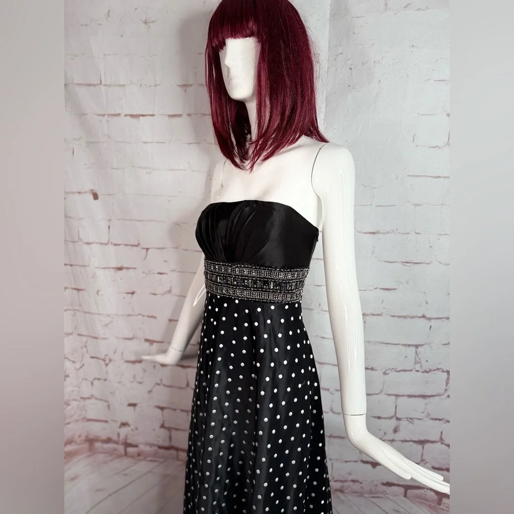 Jeweled Strapless Lace-Up Back Black and White Polka Dot Maxi Dress Size Small - Picture 13 of 16